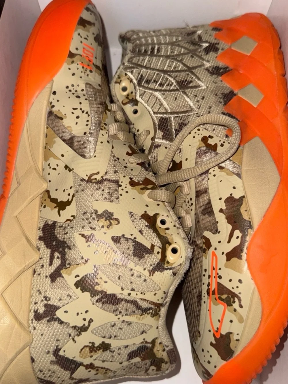 Puma Men's Athletic Shoes Beige Camo with Bright Orange Accents